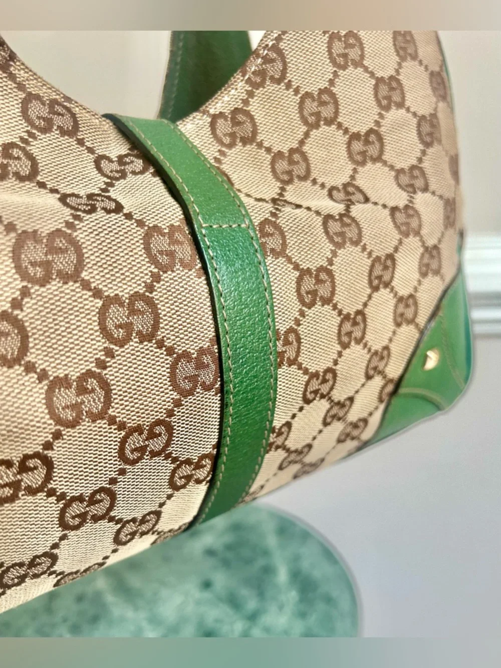 Gucci Jackie Bardot GG Hobo Shoulder
Bag - Green Leather Trim - Gold Hardware - Picture 11 of 16